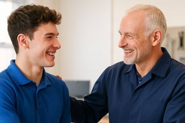 Ausbildungsbeauftragte mit Azubi bei AEVO-Prüfung.