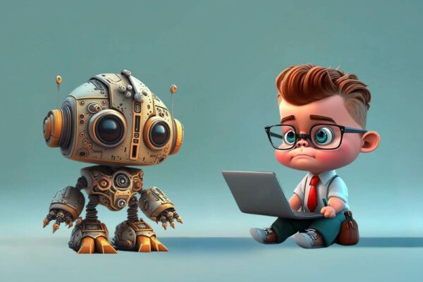 Abbildung: KI-generiertes Bild, Junge mit einem Computer und Roboter